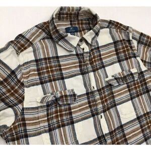 George Long Sleeve Casual Button Down Flannel Shirt Medium Brown Cream Shirt